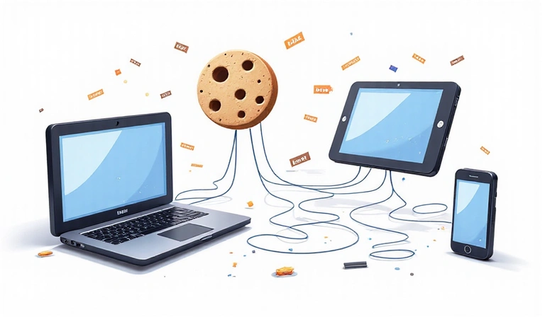 複数のデジタルデバイスとデータフローのイラスト