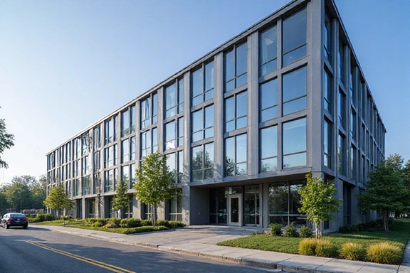 オフィスの外観、モダンなビル、プロフェッショナルな雰囲気