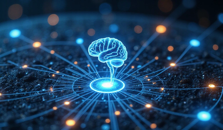 未来の金融技術と連携する抽象的な機械学習の概念。